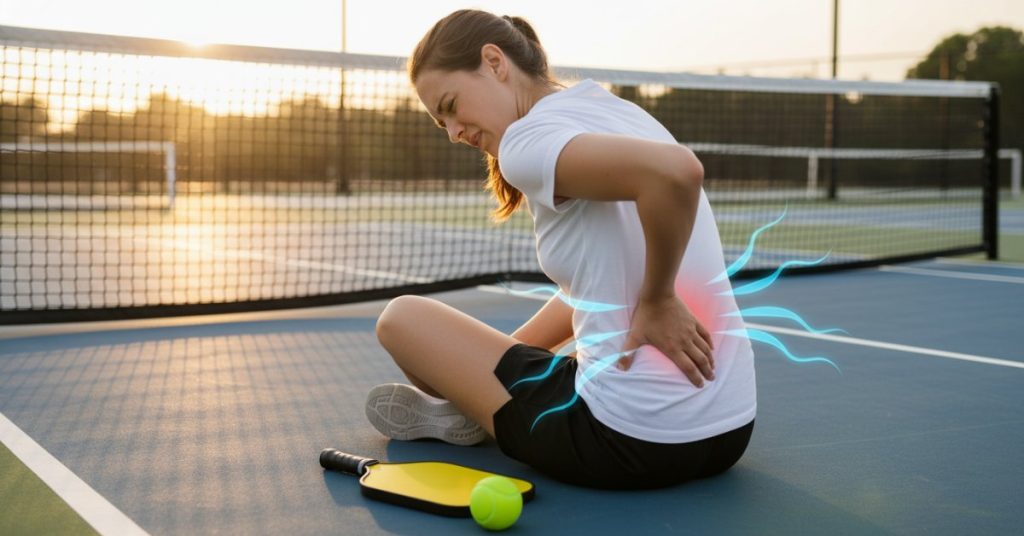 Một người chơi đang tập pickleball trên sân, tay ôm lưng dưới vẻ mặt khó chịu, có thể đang bị đau lưng. Ảnh này minh họa vấn đề đau lưng thường gặp khi chơi thể thao, đặc biệt là pickleball.