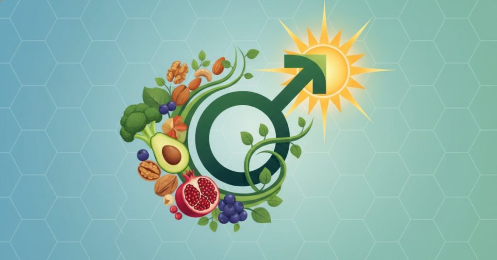 Hình ảnh đĩa thức ăn lành mạnh với các loại thực phẩm giàu dinh dưỡng như rau xanh, cá hồi, các loại hạt và hoa quả, minh họa cách dinh dưỡng giúp tăng cường testosterone tự nhiên và cải thiện sức khỏe sinh lý nam giới.