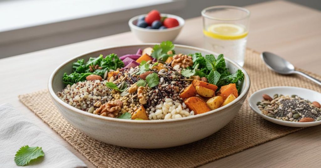 Một bát hoặc đĩa thức ăn chay hấp dẫn, minh họa cho thực đơn ăn chay lành mạnh, kết hợp đa dạng các loại hạt, ngũ cốc bổ dưỡng và rau củ tươi ngon.