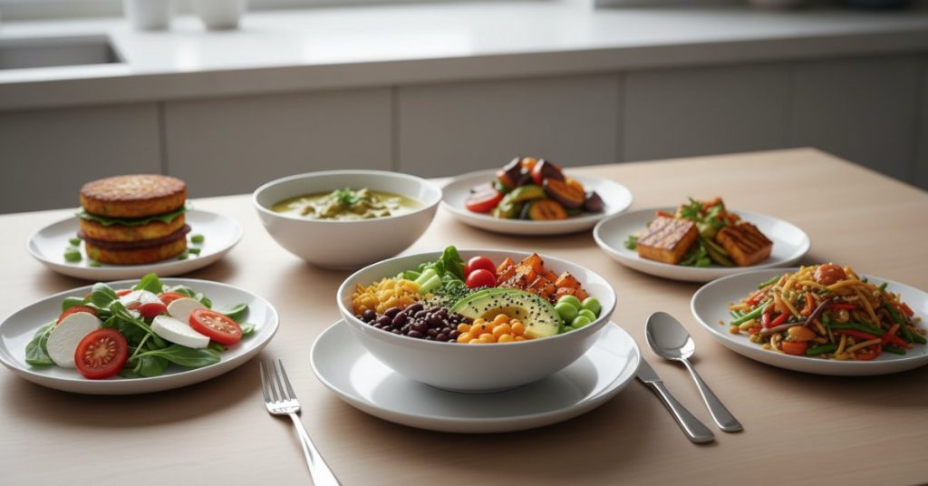 Hình ảnh minh họa các món ăn đa dạng, màu sắc hấp dẫn trong thực đơn ăn chay 7 ngày, giúp người dùng dễ dàng lên kế hoạch bữa ăn chay ngon miệng và không bị nhàm chán.