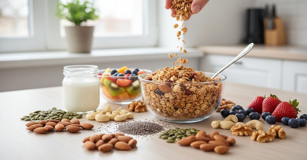 Hình ảnh một bát granola tươi ngon với yến mạch, hạt chia, hạnh nhân, quả mọng và sữa chua, minh họa cho một bữa sáng lành mạnh trong thực đơn eat clean giúp hỗ trợ giảm cân hiệu quả.