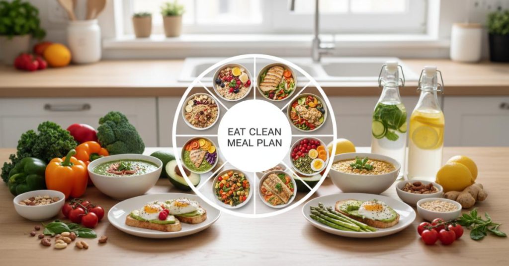 Hình ảnh một bộ sưu tập các món ăn Eat Clean tươi ngon, đầy đủ dinh dưỡng, minh họa cho Thực đơn Eat Clean 7 ngày được thiết kế khoa học để giúp bạn giảm cân mà không cảm thấy đói hay mệt mỏi.