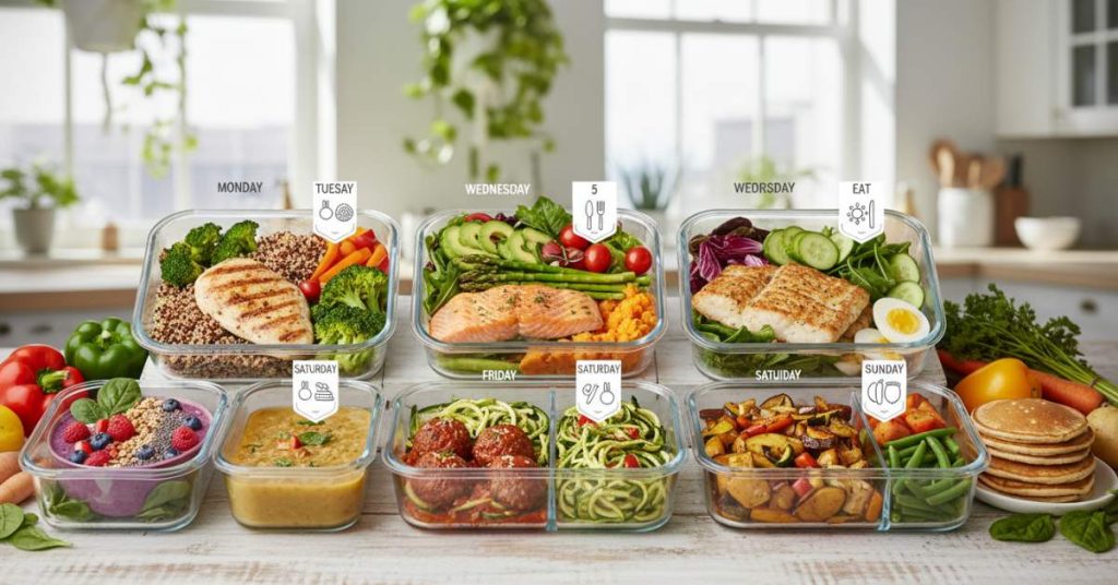 Hình ảnh minh họa một bảng kế hoạch thực đơn Eat Clean 7 ngày với các món ăn dinh dưỡng, tươi ngon và dễ làm, dành cho những người có lịch trình bận rộn muốn duy trì lối sống lành mạnh.