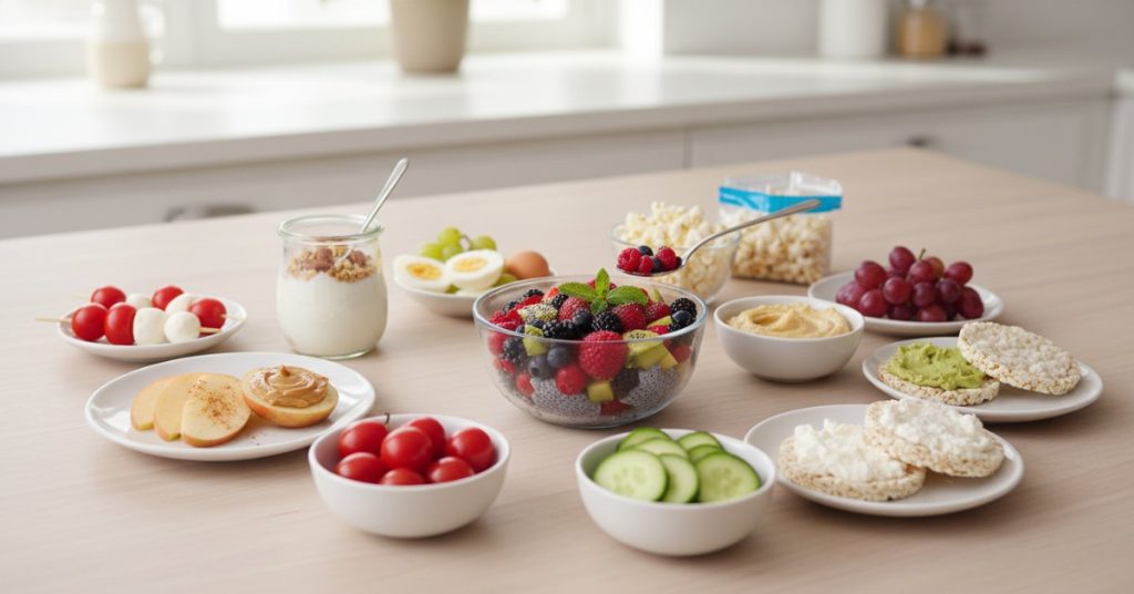 Hình ảnh tổng hợp 10 bữa ăn nhẹ lành mạnh, ngon miệng giúp bạn xây dựng thực đơn giảm cân hiệu quả mà không cảm thấy đói.