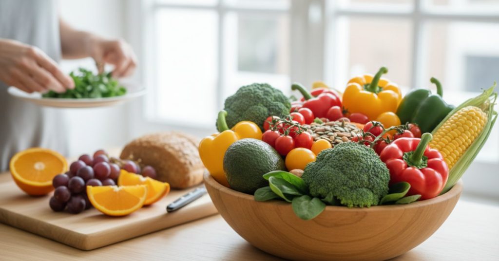 Hình ảnh một bàn ăn phong phú với các loại thực phẩm ít chế biến như rau xanh tươi, trái cây, cá hồi nướng và ngũ cốc nguyên hạt, tất cả được trình bày đẹp mắt và hấp dẫn.