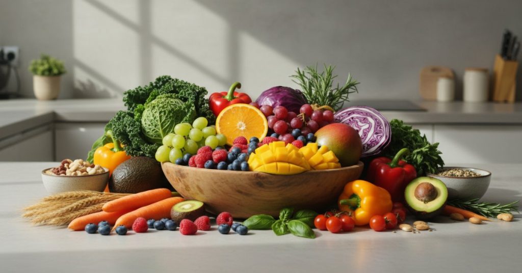 Hình ảnh một giỏ mây lớn chứa đựng nhiều loại thực phẩm tự nhiên tươi ngon và đầy màu sắc, bao gồm các loại rau xanh đậm, trái cây chín mọng, củ quả và hạt ngũ cốc. Bức ảnh này thể hiện sự phong phú và lợi ích dinh dưỡng mà thực phẩm tự nhiên mang lại cho sức khỏe con người.