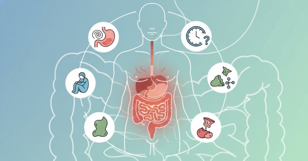 Hình ảnh minh họa một người đang khó chịu, ôm bụng, thể hiện các dấu hiệu thường gặp của tình trạng tiêu hóa kém như đầy hơi, chướng bụng và khó tiêu.