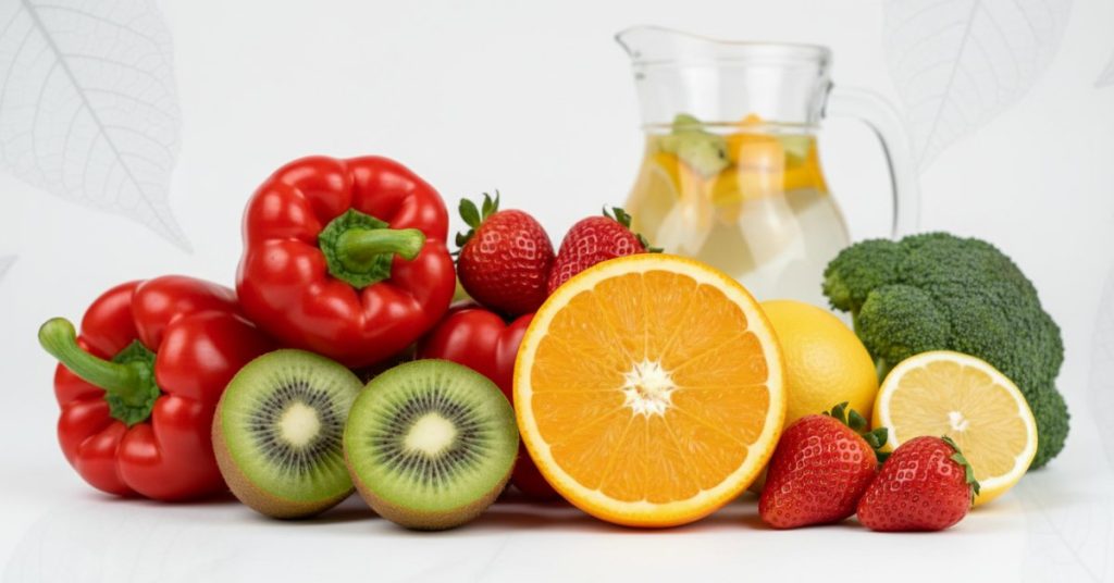 Hình ảnh tổng hợp nhiều loại trái cây như cam, kiwi, dâu tây và rau xanh lá, minh họa cách bổ sung vitamin C tự nhiên từ thực phẩm tươi, không cần lạm dụng các loại viên uống bổ sung.