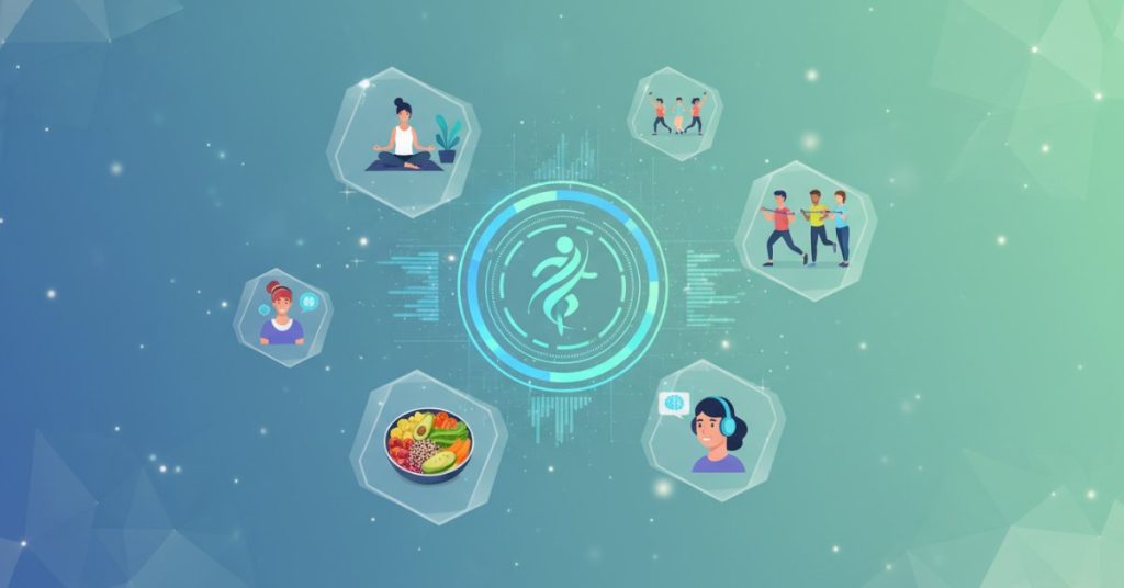 Hình ảnh một bạn trẻ Gen Z đang tập yoga trên thảm trong không gian hiện đại, với ánh sáng tự nhiên. Bên cạnh là chai nước detox và điện thoại hiển thị ứng dụng theo dõi sức khỏe. Bức ảnh này minh họa rõ nét các xu hướng sức khỏe Gen Z trong thời đại hiện đại, thể hiện sự quan tâm đến lối sống lành mạnh và công nghệ.