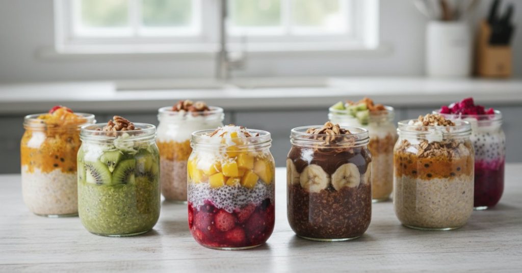 Một ly Yến Mạch Qua Đêm đầy màu sắc với trái cây tươi, hạt chia và sữa chua, minh họa cho bữa sáng lành mạnh và dễ làm.