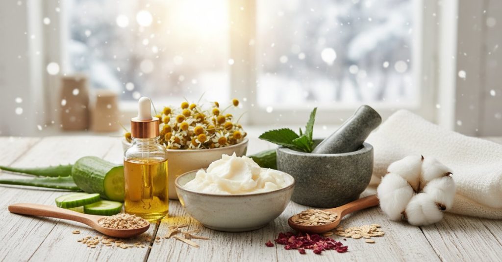 Ảnh minh họa một người phụ nữ với làn da căng mọng, tươi sáng giữa mùa đông, tượng trưng cho 10 cách dưỡng da tự nhiên hiệu quả, giúp tránh phụ thuộc vào mỹ phẩm.