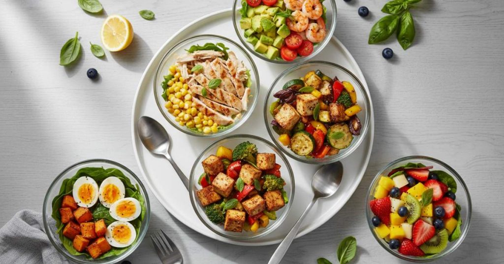 Ảnh chụp tổng hợp 5 công thức salad đa dạng và hấp dẫn, bao gồm salad ức gà xé bắp ngọt tươi mát, salad tôm bơ béo ngậy, salad đậu hũ rau củ chiên áp chảo giàu protein, salad trứng luộc khoai lang bổ dưỡng và salad trái cây mix rau xanh thanh đạm, tất cả được bày trí đẹp mắt trên bàn ăn gỗ.