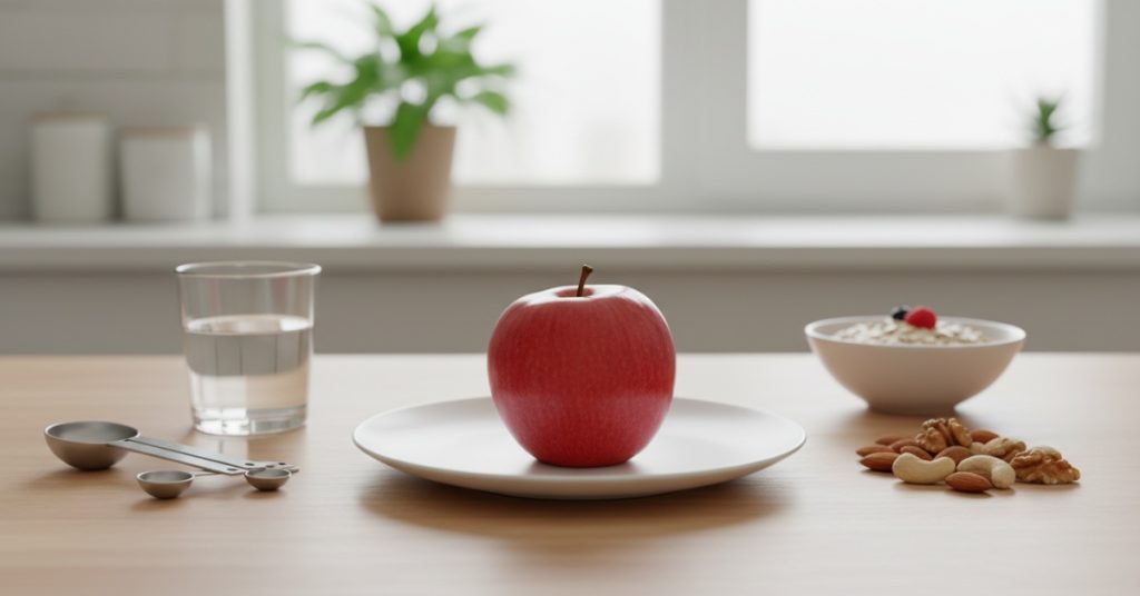 Hình ảnh một người đang thưởng thức một quả táo tươi ngon vào buổi sáng, minh họa cho việc ăn 1 quả táo buổi sáng là một thói quen tốt nhưng có thể chưa đủ cho nhu cầu dinh dưỡng hàng ngày.