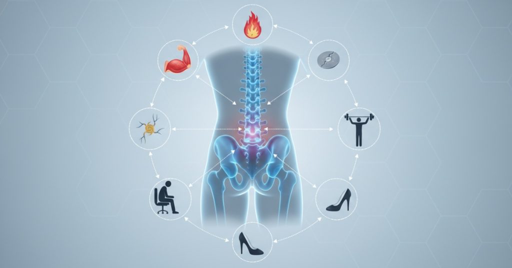 Ảnh minh họa một người phụ nữ trẻ đang ôm vùng lưng dưới của mình với vẻ mặt khó chịu, thể hiện tình trạng đau lưng dưới. Bức ảnh này giúp người đọc hình dung về các nguyên nhân tiềm ẩn gây ra cơn đau.