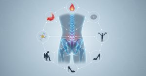 Ảnh minh họa một người phụ nữ trẻ đang ôm vùng lưng dưới của mình với vẻ mặt khó chịu, thể hiện tình trạng đau lưng dưới. Bức ảnh này giúp người đọc hình dung về các nguyên nhân tiềm ẩn gây ra cơn đau.