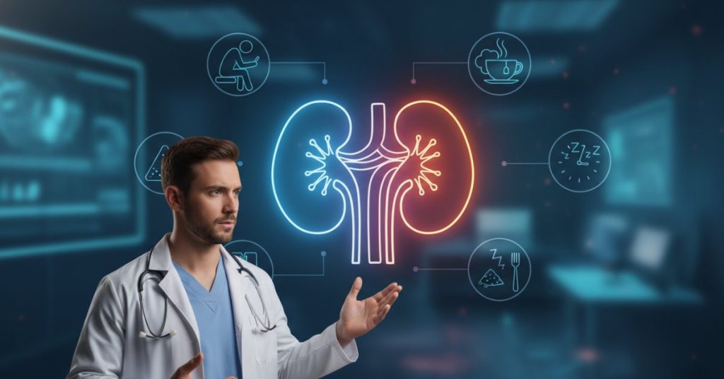 Bác sĩ cảnh báo người xem về những thói quen sinh hoạt âm thầm gây hại thận, hình ảnh một chuyên gia y tế đang tư vấn hoặc trình bày với biểu cảm nghiêm túc.