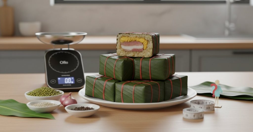 Một chiếc bánh trưng xanh truyền thống được cắt lát đẹp mắt, đặt cạnh các loại rau xanh và trái cây tươi mát, minh họa cách thưởng thức bánh trưng ngày Tết ngon miệng mà vẫn giữ được vóc dáng thon gọn.