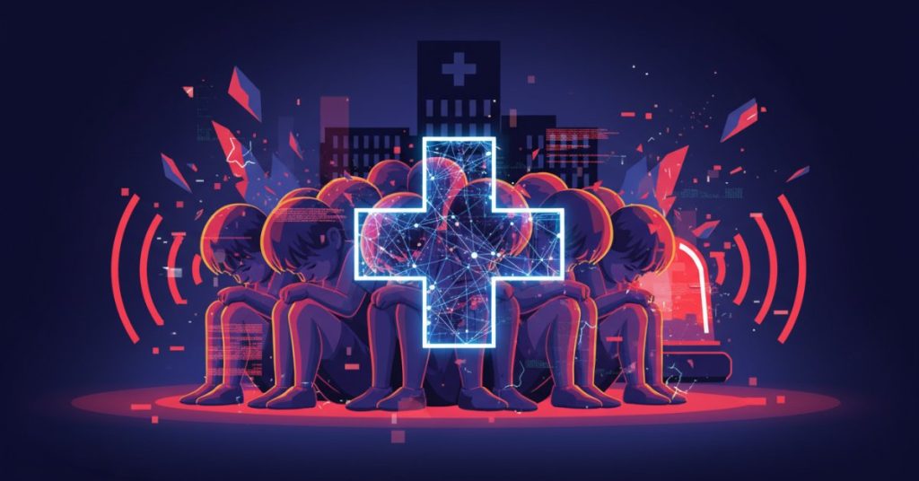 Ảnh minh họa sự báo động về tình trạng sức khỏe của trẻ em khi phải nhập viện vì xem các nội dung bạo lực độc hại, với hình ảnh một em nhỏ đang được người lớn chăm sóc tại bệnh viện.