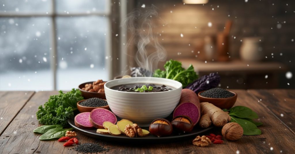 Hình ảnh các món ăn dinh dưỡng, ấm nóng giúp bổ thận trong mùa đông lạnh giá, bao gồm các loại rau củ, thịt hầm và thảo mộc truyền thống, tất cả được trình bày hấp dẫn trên bàn ăn để tăng cường sức khỏe thận.