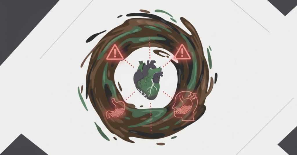 Một người phụ nữ có vẻ mặt lo lắng, tay ôm bụng sau khi uống một ly cà phê, phía trước là hình ảnh minh họa các thành phần hóa chất hoặc vật chất không an toàn. Ảnh này cảnh báo về những tác hại nghiêm trọng của việc tiêu thụ cà phê giả đối với sức khỏe.