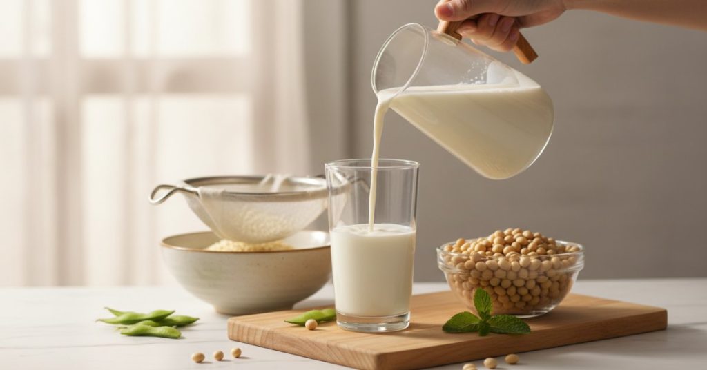 Hình ảnh minh họa chi tiết quy trình chế biến sữa đậu nành tươi ngon tại nhà, với các bước chuẩn bị và xay đậu, giúp bạn nắm rõ cách làm sữa đậu đơn giản mà bổ dưỡng.