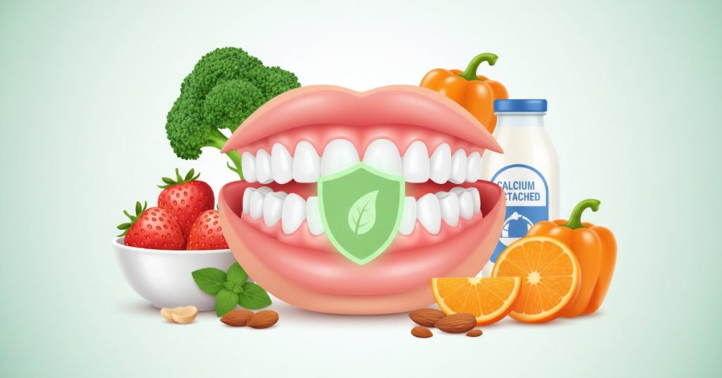 Hình ảnh minh họa các loại trái cây và rau xanh tươi, giàu vitamin C và chất xơ, cùng với một người đang mỉm cười với nướu răng khỏe mạnh, nhấn mạnh chế độ ăn uống giúp ngăn ngừa tình trạng chảy máu chân răng hiệu quả.