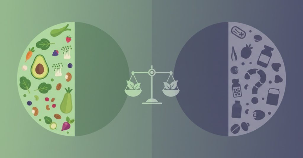 Một đĩa đồ ăn thuần chay đầy màu sắc với rau củ tươi, quả hạch và ngũ cốc, minh họa cho những bữa ăn dinh dưỡng trong chế độ thuần ăn chay, đồng thời gợi mở về các khía cạnh cần cân nhắc.