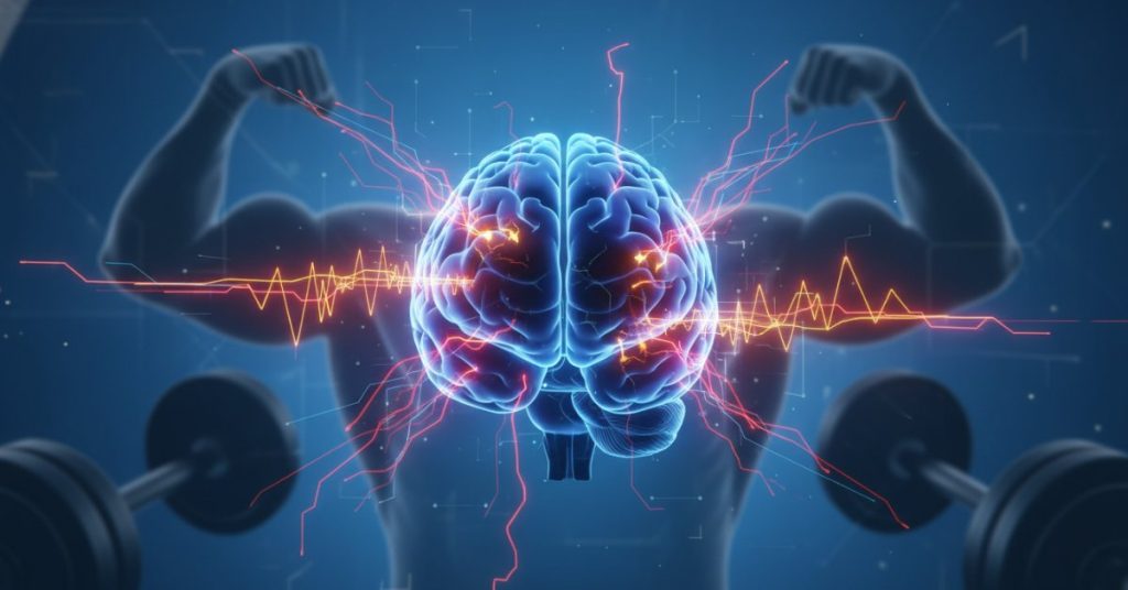 Hình ảnh một vận động viên thể hình đang tập luyện trong phòng gym, với một phần minh họa đồ họa về não bộ cho thấy các tác động tiêu cực, cảnh báo về những ảnh hưởng khi dùng steroid cho tập gym.