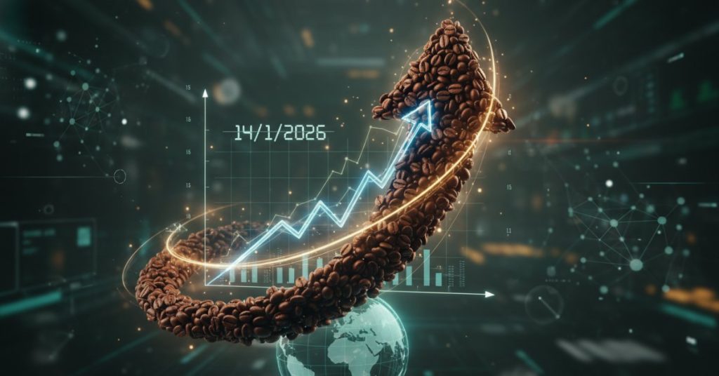 Hình ảnh cận cảnh hạt cà phê xanh tươi và hạt cà phê đã rang, cùng một tách cà phê nóng hổi, minh họa cho thông tin cập nhật về giá cà phê hôm nay, ngày 14 tháng 1 năm 2026.