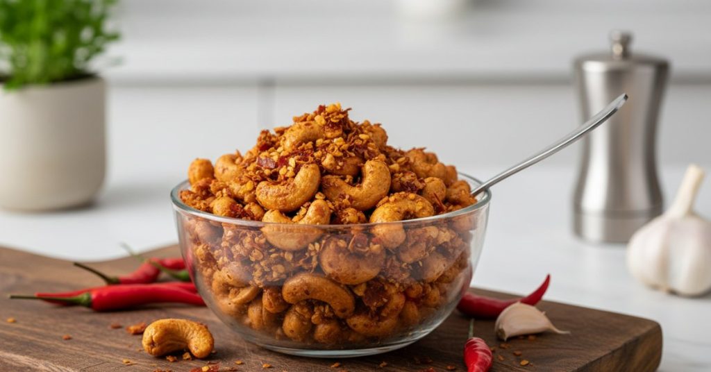 Ảnh chụp cận cảnh đĩa hạt điều rang tỏi ớt vàng ươm, thơm lừng, từng hạt điều căng mẩy được phủ đều bởi những mảnh tỏi phi giòn và ớt đỏ tươi, tạo nên sức hấp dẫn khó cưỡng.