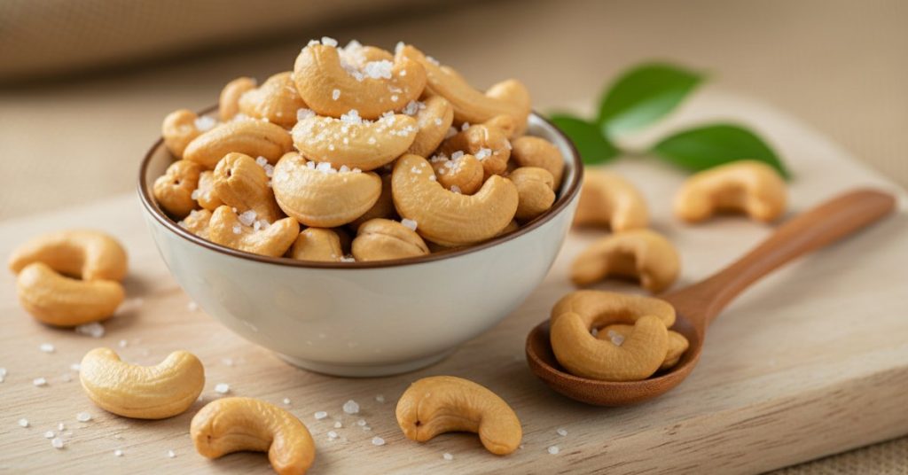 Hình ảnh cận cảnh những hạt điều rang muối thơm ngon, vàng ươm, căng tròn, lấm tấm muối trắng, được bày trí hấp dẫn trên nền gỗ, thể hiện rõ chất lượng sản phẩm.