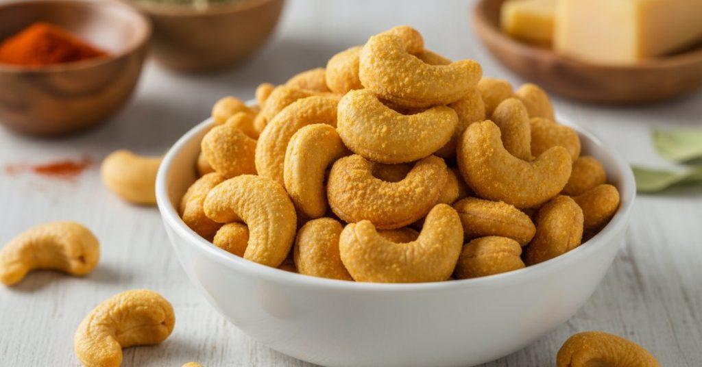 Hình ảnh những hạt điều tẩm vị phô mai vàng ươm, được rắc đều lớp bột phô mai mịn màng, đặt trong một chiếc bát sứ màu trắng trên nền gỗ ấm áp, thể hiện sự hấp dẫn và chất lượng của sản phẩm. Đây là món ăn vặt lý tưởng cho mọi gia đình.