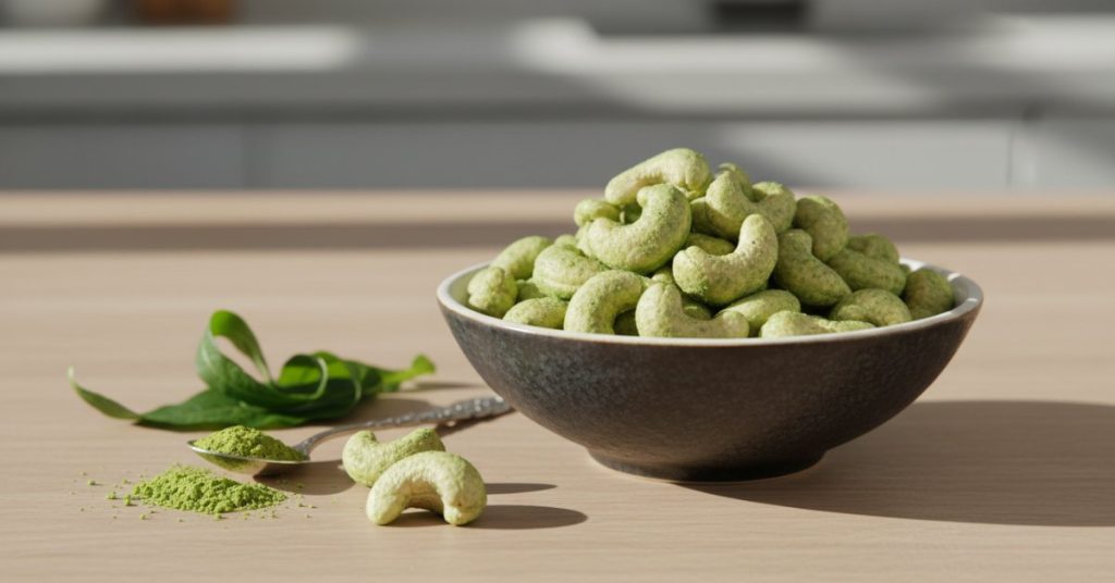 Hình ảnh cận cảnh những Hạt điều tẩm vị wasabi màu xanh nhạt, được xếp gọn gàng trong một chiếc đĩa nhỏ, tạo nên một món ăn vặt hấp dẫn và độc đáo.