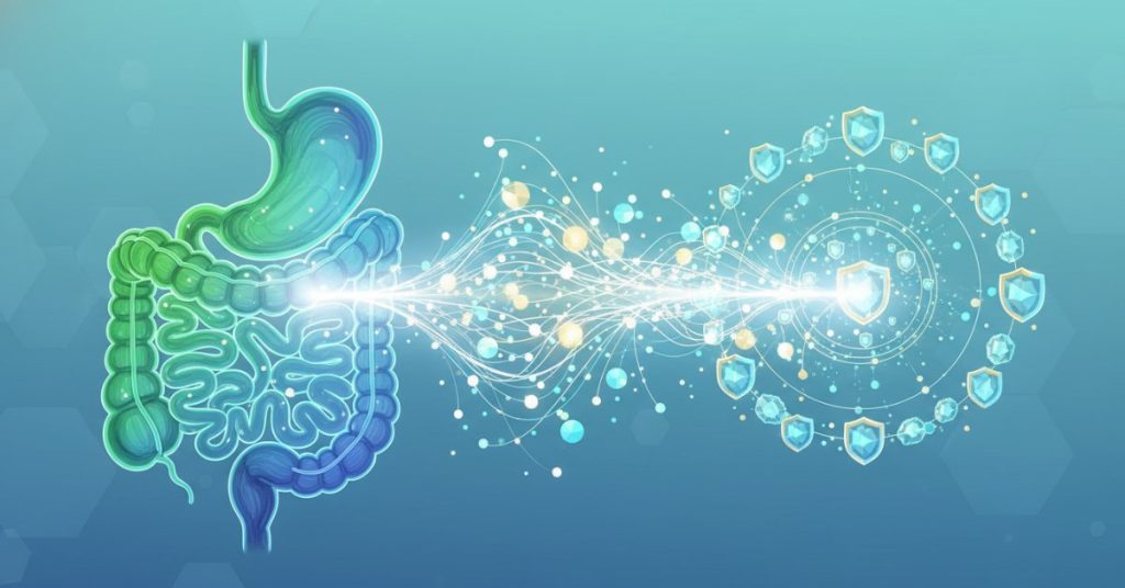 Hình ảnh mô tả trực quan mối liên hệ chặt chẽ giữa hệ tiêu hóa và hệ miễn dịch của con người, với các yếu tố như vi khuẩn đường ruột, tế bào miễn dịch và màng nhầy ruột được làm nổi bật.