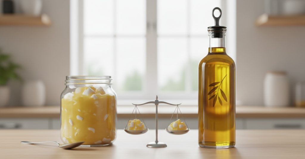 Hình ảnh so sánh rõ ràng giữa mỡ lợn truyền thống trong hũ và dầu ăn thực vật hiện đại trong chai, minh họa cuộc tranh luận về lợi ích sức khỏe của mỡ lợn và dầu trong chế biến thực phẩm hàng ngày.