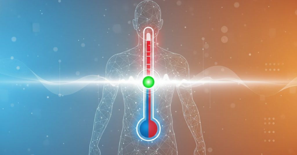 Hình ảnh một người đang dùng nhiệt kế điện tử để kiểm tra nhiệt độ cơ thể tại nhà, hiển thị mức nhiệt độ cơ thể bình thường. Minh họa này giúp người đọc hiểu rõ về cách xác định nhiệt độ cơ thể chuẩn.