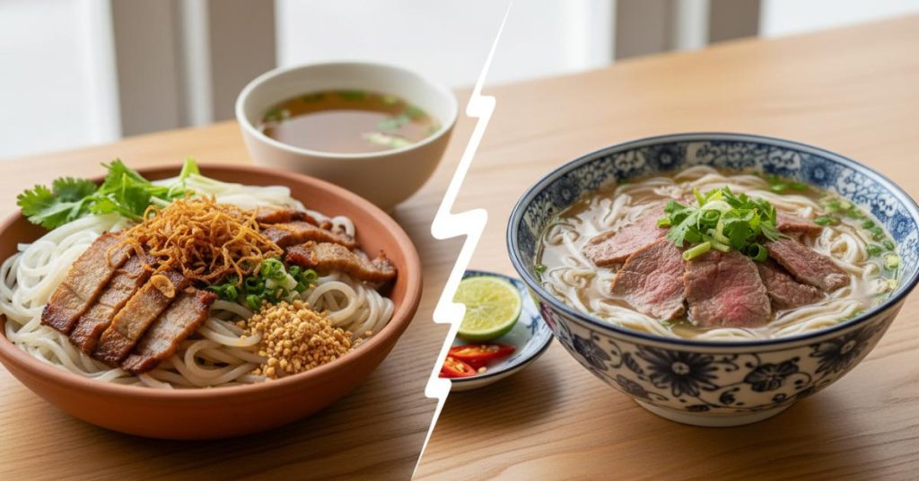 Hình ảnh món phở khô Gia Lai đặc trưng, bày trí đẹp mắt với các nguyên liệu tươi ngon, sợi phở trộn cùng nước sốt đậm đà, và một bát nước lèo trong veo đi kèm.