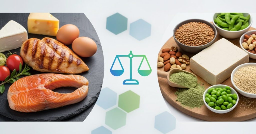 Hình ảnh đồ họa so sánh các nguồn Protein chính từ động vật như thịt, cá, trứng và từ thực vật như đậu, đỗ, nấm, hạt, giúp người xem hiểu rõ hơn về giá trị dinh dưỡng và sự khác biệt giữa chúng.