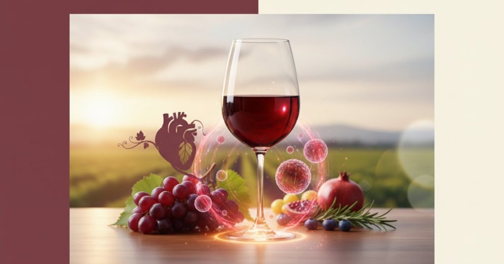 Một ly Rượu vang đỏ với sắc đỏ ruby quyến rũ, đặt cạnh những chùm nho tươi, minh họa cho chủ đề về tác dụng của Rượu vang đỏ đến sức khỏe con người.
