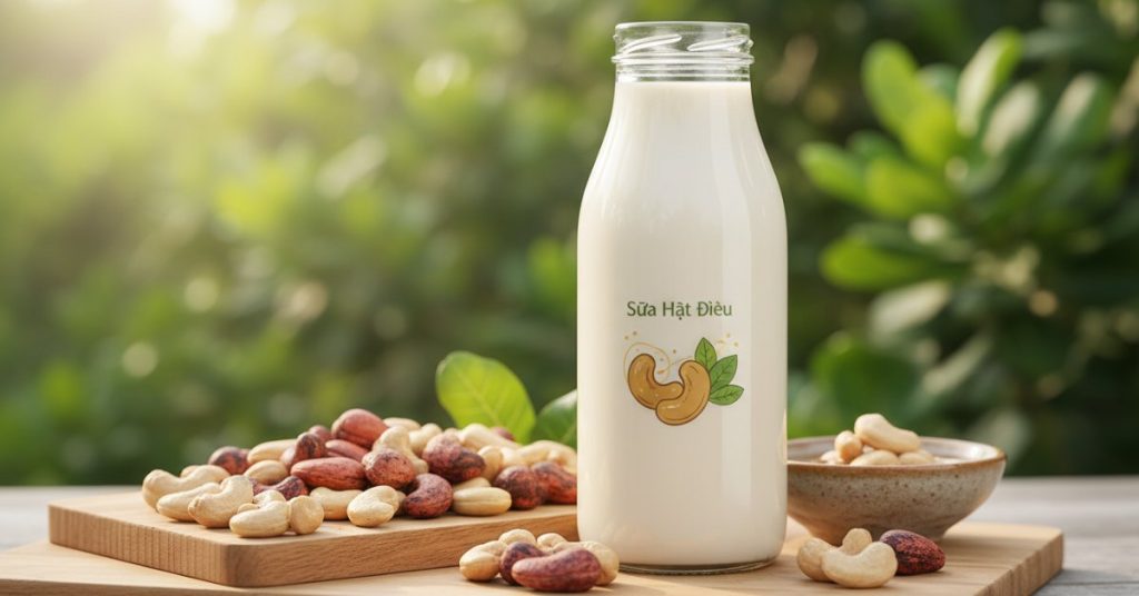 Hình ảnh một chai Sữa Hạt điều cao cấp, màu trắng ngà, đặt cạnh những hạt điều nguyên vỏ và đã tách vỏ, thể hiện nguồn gốc tự nhiên từ hạt điều Việt Nam chất lượng cao.