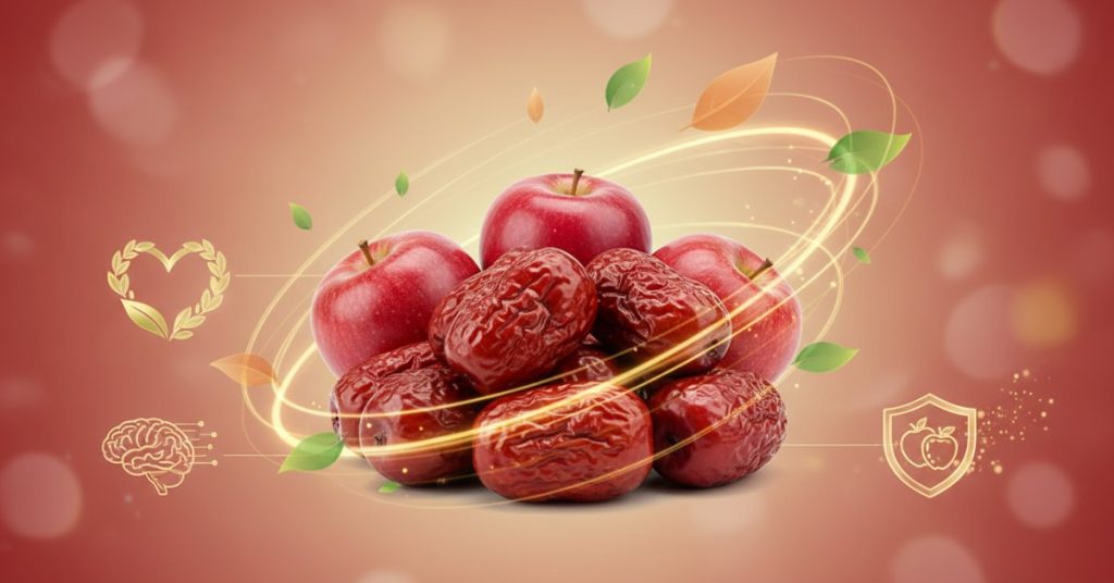 Hình ảnh một giỏ táo đỏ tươi ngon, căng mọng, đặt trên nền gỗ mộc mạc, tượng trưng cho những lợi ích sức khỏe dồi dào mà quả táo đỏ mang lại cho cơ thể con người.