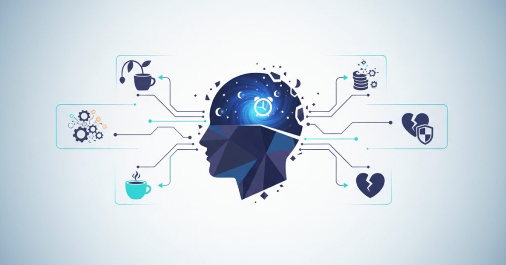 Hình ảnh một người phụ nữ trẻ với vẻ mặt mệt mỏi, đôi mắt thâm quầng, đang cố gắng tập trung làm việc trên máy tính vào buổi sáng sớm, thể hiện rõ tình trạng thiếu ngủ và ảnh hưởng tiêu cực đến năng suất làm việc.