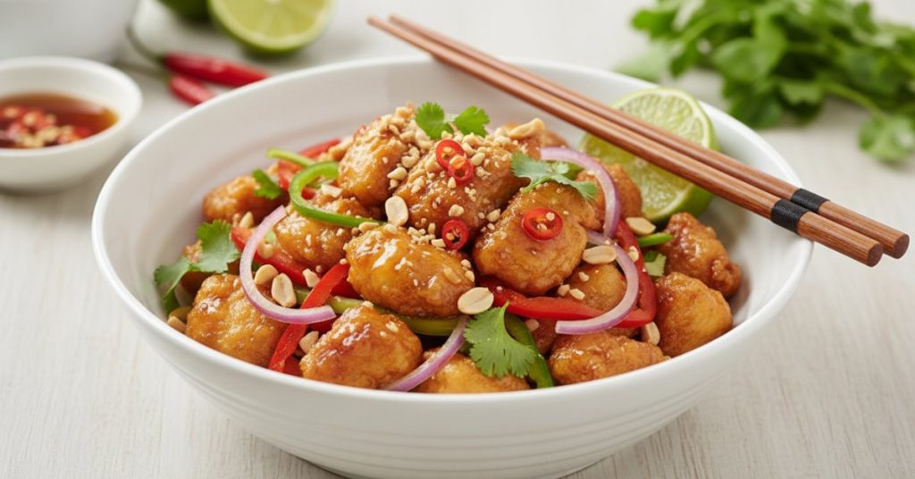 Hình ảnh món Thịt Gà Trộn Chua Ngọt hấp dẫn, với thịt gà xé phay trộn cùng rau thơm, hành tây, cà rốt và nước sốt chua ngọt đậm đà, chuẩn vị truyền thống Việt Nam.