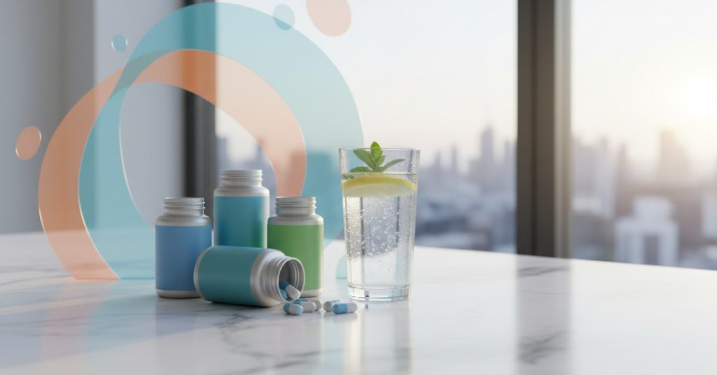 Hình ảnh minh họa các loại thuốc giải rượu dạng viên, dạng nước và thực phẩm chức năng được sắp xếp gọn gàng trên bàn, đại diện cho những giải pháp hữu hiệu giúp giảm triệu chứng khó chịu sau khi uống rượu bia.