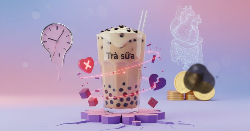 Ảnh minh họa một người đang thưởng thức ly trà sữa, kèm theo thông điệp cảnh báo về tác hại khi uống trà sữa thường xuyên.