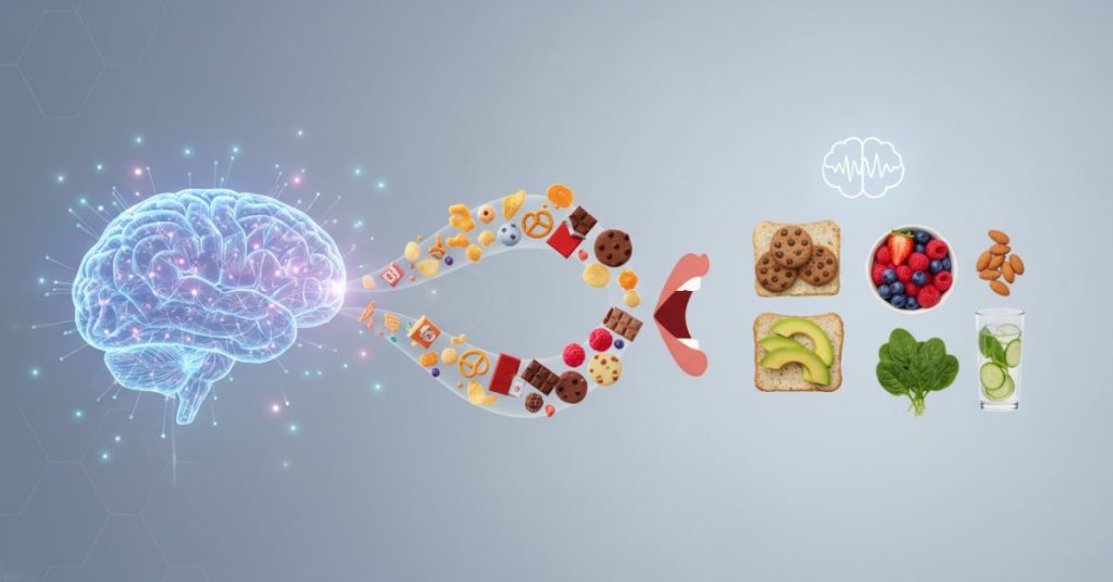 Hình ảnh một người đang băn khoăn giữa các món ăn vặt như bánh kẹo, đồ mặn và những lựa chọn lành mạnh hơn như trái cây, các loại hạt. Bức ảnh minh họa rõ nét chủ đề 'ăn gì khi căng thẳng' để vừa thỏa mãn cơn thèm, vừa giúp xoa dịu não bộ và duy trì sức khỏe.