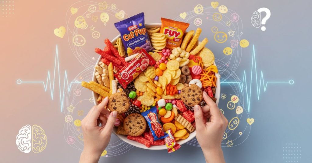 Hình ảnh một người đang ngồi làm việc căng thẳng, tay cầm gói snack và nhiều đồ ăn vặt khác trên bàn, mô tả hành vi ăn vặt khi stress như một cách đối phó với áp lực. Các món ăn vặt phổ biến như bánh ngọt, khoai tây chiên và nước ngọt được bày trí xung quanh.