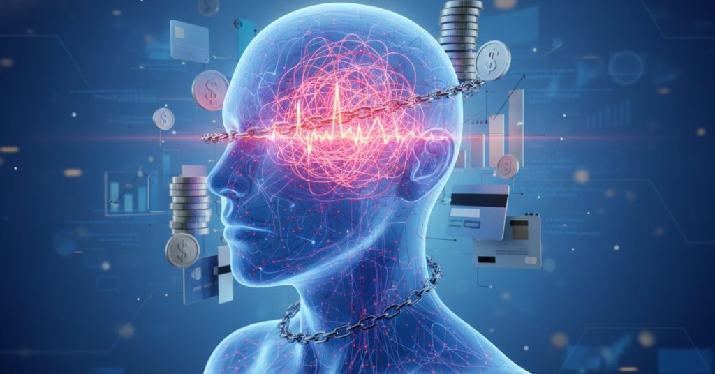 Hình ảnh một người với vẻ mặt lo âu, tay ôm đầu, thể hiện sự căng thẳng tột độ do áp lực tài chính gây ra, minh họa ảnh hưởng tiêu cực đến não bộ.