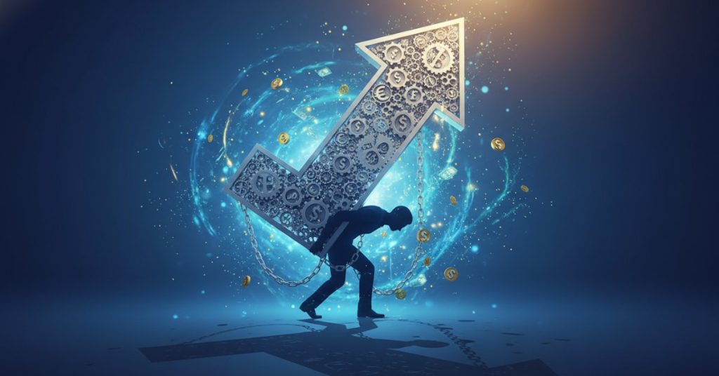 Hình ảnh một người đàn ông hoặc phụ nữ trẻ đang ngồi làm việc trước máy tính vào ban đêm, tay ôm đầu với vẻ mặt mệt mỏi và căng thẳng, thể hiện rõ áp lực tăng thu nhập và gánh nặng tâm lý mà nhiều người phải đối mặt trong cuộc sống hiện đại.