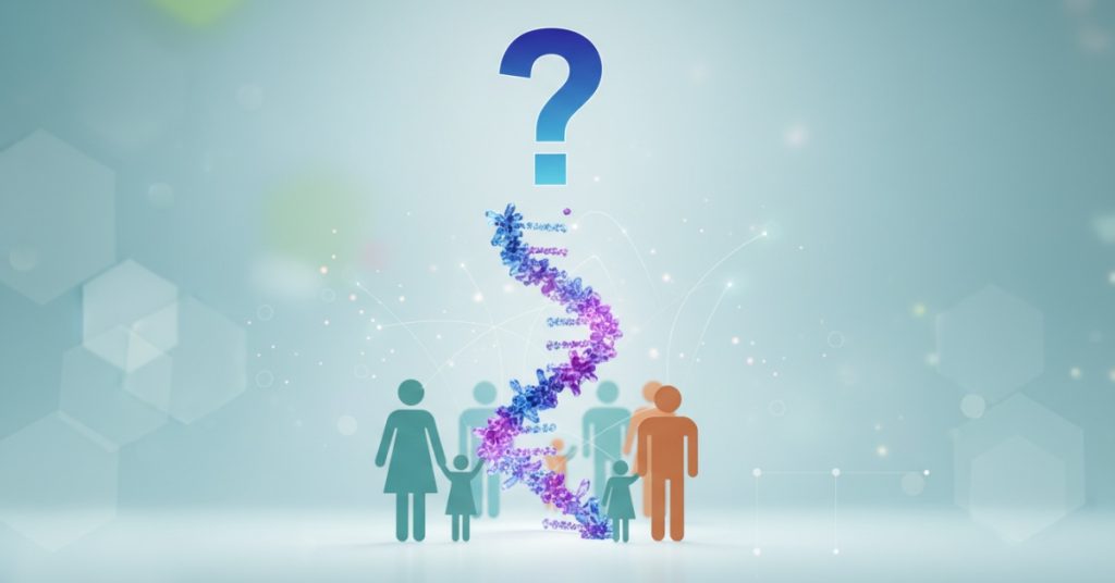 Hình ảnh minh họa cây phả hệ gia đình với các thành viên được đánh dấu, gợi lên câu hỏi về khả năng di truyền của bệnh gút. Một sợi DNA xoắn kép nhẹ nhàng lồng vào hình ảnh, tượng trưng cho vai trò của gen trong việc xác định nguy cơ mắc bệnh gút của một cá nhân.